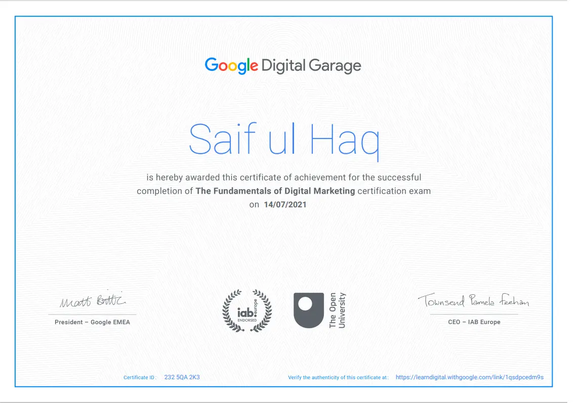 Google Digital Garage — Fundamentals of Digital Marketing certificate