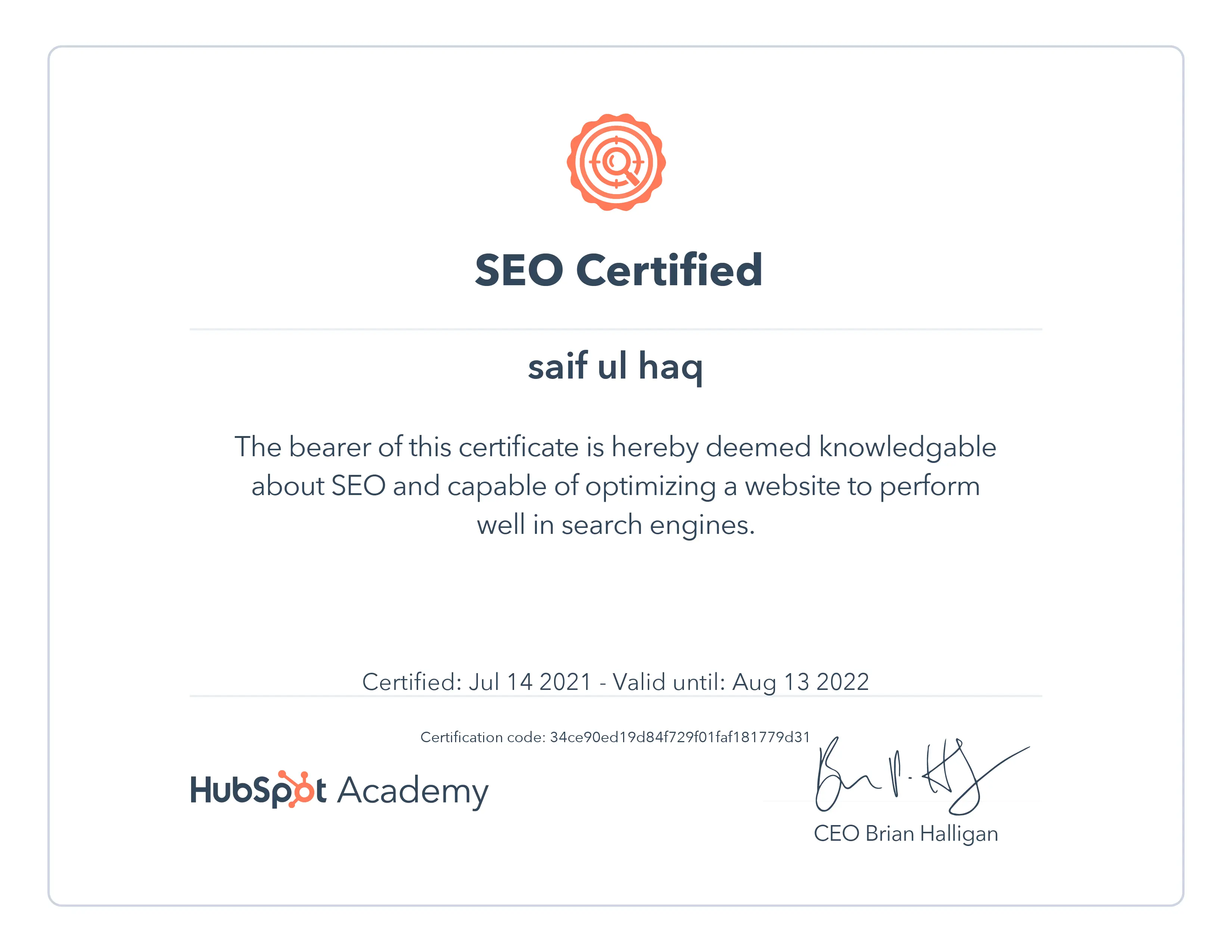 HubSpot Academy — SEO Certified certificate